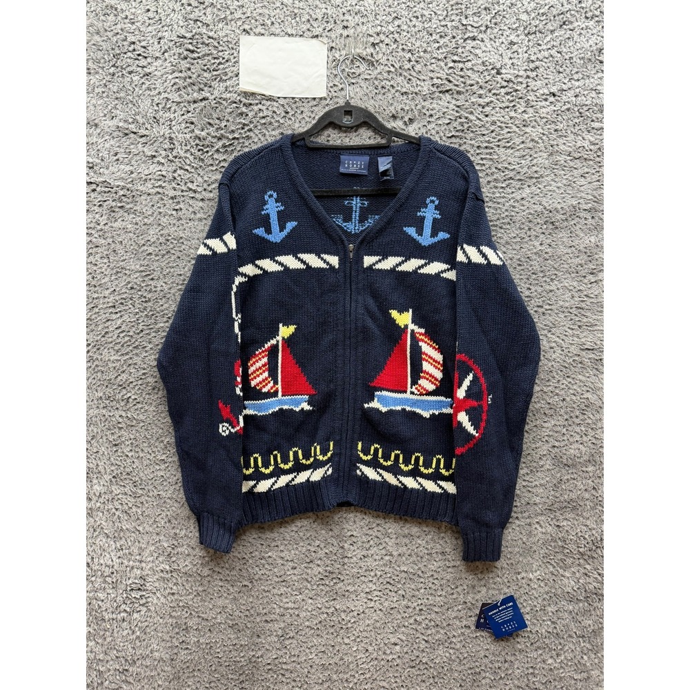 Vintage Crazy Horse Sailboat Cardigan Sweater Navy Blue Womens Size XL NWT